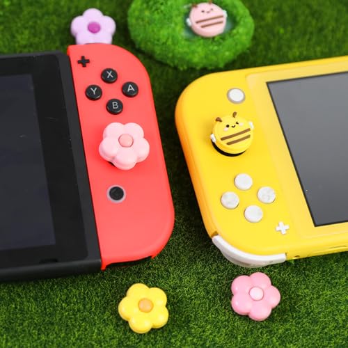 Switch Joycon Thumb Grips Caps, 4 PCS Cute Kawaii 3D Silicone Analog Thumbstick Button Cover Compatible with Nintendo Switch Lite/OLED Joystick Caps (Multicolor Bee&Flower) - color: Multicolor Bee&Flower