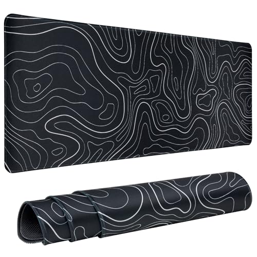 Gaming Mouse Pad Large 31.5 x 11.8in Topographic Keyboard Mousepad for Non-Slip Base and Stitched Edge, Extended Desk Pad XL Desk Mat (Black) - color: Black