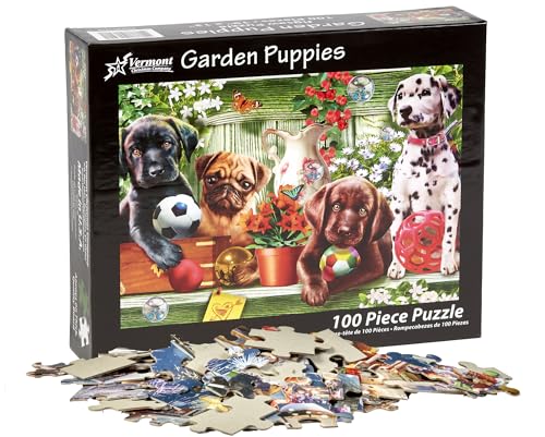 Garden Puppies Jigsaw Puzzle 100 Piece by Vermont Christmas Company - Large, Interlocking Pieces - Unique, Randomly Shaped Pieces - Perfect for Kids and Seniors