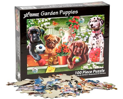 Garden Puppies Jigsaw Puzzle 100 Piece by Vermont Christmas Company - Large, Interlocking Pieces - Unique, Randomly Shaped Pieces - Perfect for Kids and Seniors