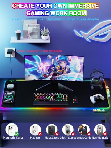 Mouse Pad with 15W Magnetic Wireless Charging, RGB Mousepad for Desk Mat, XXL Desk Pad with 11 Colors 5 Modes, Home Office Keyboard Pad Waterproof Non-Slip for PC Gaming - color: Black Touch Control Magnetic XXL with PD Charger