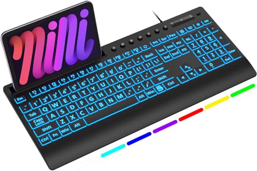 SABLUTE Wired Large Print Backlit Keyboard with Wrist Rest, K31PRO | 3X Larger Print Keys, 7-Color LED Backlight, Full Size Layout, Phone Holder, Quiet Typing, Plug & Play, Windows Compatible