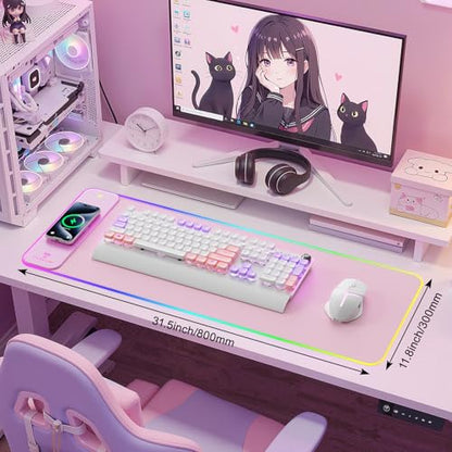 TARKARI Magnetic Wireless Charging RGB Mouse Pad, Large Gaming Desk Mat, 31.5"x11.8" Waterproof Mousepad, Ultra-Smooth Surface, Non-Slip Rubber Base, Desk Pad for Keyboard Laptop - color: Pink