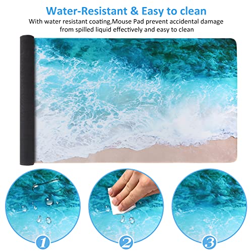 iCasso Extended Gaming Mouse Pad,35.4 x 15.7in Desk Pad,Beach | Non-Slip Rubber Base Mousepad with Stitched Edges,Waterproof Keyboard Mouse Mat for Work Home Game Office - color: Beach
