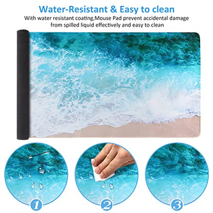 iCasso Extended Gaming Mouse Pad,35.4 x 15.7in Desk Pad,Beach | Non-Slip Rubber Base Mousepad with Stitched Edges,Waterproof Keyboard Mouse Mat for Work Home Game Office - color: Beach