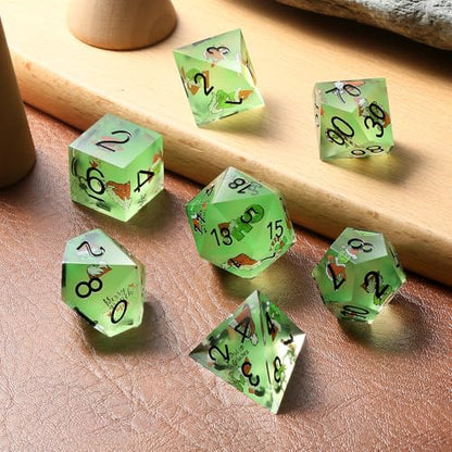 DNDND Full 7 Piece Sharp Edge Dice Set with Carton Stickers for Dungeons and Dragons D&D Table Games (Green with Carton) - color: Carton Green
