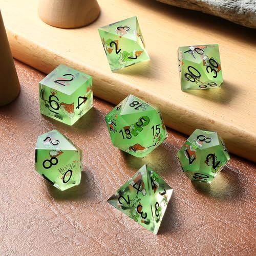 DNDND Full 7 Piece Sharp Edge Dice Set with Carton Stickers for Dungeons and Dragons D&D Table Games (Green with Carton) - color: Carton Green