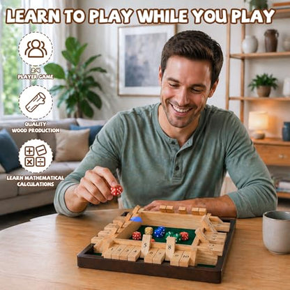 Kvintes 12 Inch Shut The Box Dice Game – Wooden Tabletop Board Game with Felt Mat, 10 Number Tiles & 8 Dice, Classic Bar Game, Family Game Night, Travel Game for Adults