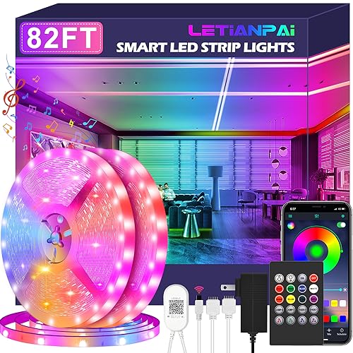 LETIANPAI Led Strip Lights, 82ft/25m Long Smart Led Light Strips Music Sync 5050 RGB Color Changing Rope Lights,Bluetooth APP/IR Remote/Control Led Lights for Bedroom,Home Decoration,Party,Festival - size: 82FT