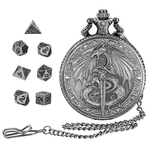 GEAoffice DND Dice Set with Vintage Dragon & Sword Pocket Watch Case - Solid Metal Tiny Dice for Tabletop RPG, Fantasy Gaming & Wargaming - Unique Medieval Guardian Gift for Dungeon Master - color: Antique Silver - Dragon Sword