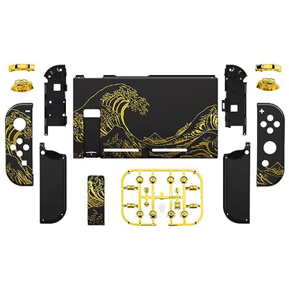 eXtremeRate DIY Replacement Shell Buttons for Nintendo Switch, Back Plate for Switch Console, Housing with Full Set Buttons for Joycon Handheld Controller - The Great Golden Wave Off Kanagawa - Black - color: The Great Wave Off Kanagawa - Black