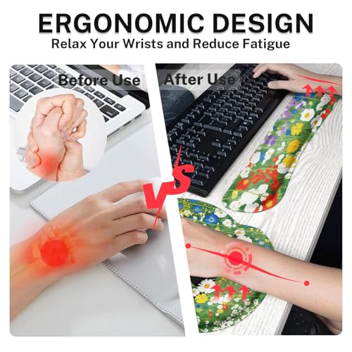 Arttown Red White Blue Flower Desk Mat Cute Black Cat Mouse Pad Set 4 in 1 Ergonomic Design Large Desk Pad + Keyboard Wrist Rest + Mouse Wrist Rest + Coaster Suitable for Home Office Study Game - color: Black Cat