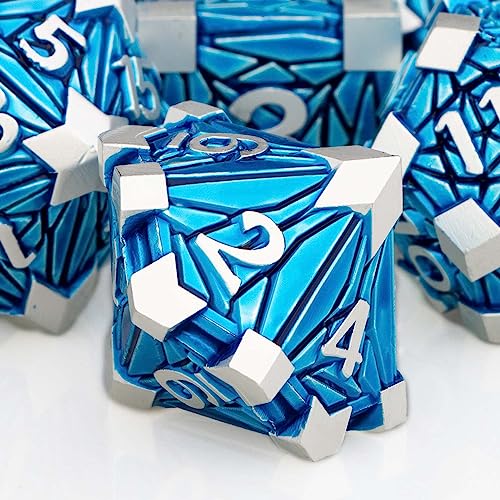 7PCS Metal DND Dice Set with Box, Debris RPG Blue D and D Dice for use with D&D Tabletop Games Role Playing Game Polyhedral Dice Set D20 D12 D10 D8 D6 D4 - color: Silver Blue