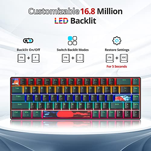 60 Percent Gaming Keyboard Mechanical with Linear Red Switch, 65% Wired Ultra-Compact Mini Keyboard Rainbow with PBT Keycaps for Ps4/Ps5/Xbox(68 Green) - color: 68 Green/red swicth
