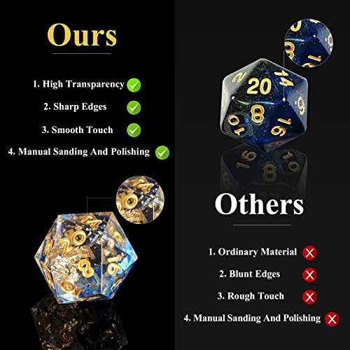 DND Dice Set Handmade 7 Accessories Sharp Edge Dice for Dungeons and Dragons TTRPG Games, Multi-Sided RPG Polyhedral Resin Sharp Edge Dice Roleplaying Games - color: Blue Gold 03