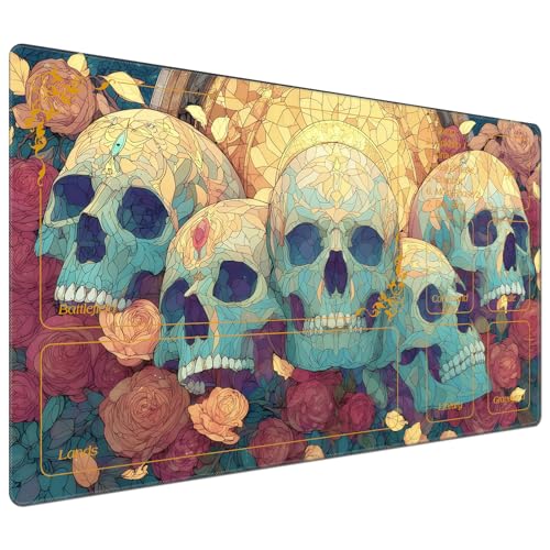DEGDFSGR for MTG Playmat with Zones 24 x 14 inches for TCG Playmats Non-Slip Rubber Base Commander Play Mat for MTG Mat Iorcana Trading Card Game, Stained Glass Skull - color: Stained Glass Skull, size: 24" x 14"