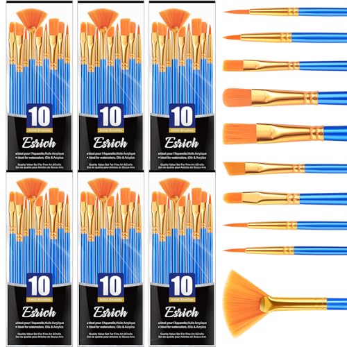 ESRICH Paint Brushes,6Packs-60Pcs Paint Brush for Acrylic Painting,Acrylic Paint Brush Set for Oil Watercolor,Body Face Rock Canvas, Small Paint Brushes for Kids Adult Drawing - size: 60p