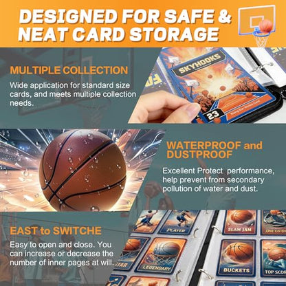 Basketball Card Binder with Sleeves, 9-Pocket Portable Card Protectors Album Holder Book with Zipper, Fits 900 Cards with 50 Removable Sleeves, Basketball Cards Display Storage Carrying Case -XS02 - color: Lanqiu-XS02-900 cards