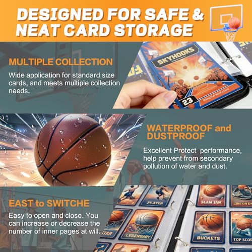 Basketball Card Binder with Sleeves, 9-Pocket Portable Card Protectors Album Holder Book with Zipper, Fits 900 Cards with 50 Removable Sleeves, Basketball Cards Display Storage Carrying Case -XS02 - color: Lanqiu-XS02-900 cards