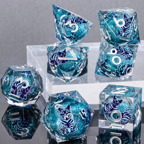 KERWELLSI Cat Liquid Core DND Dice Set with Gift Box, 7Pcs Resin Dungeons Sharp Edge D&D Dice, Dragons D and D Role Playing Dice D20 D12 D10 D8 D6 D4, Blue - color: Blue and Blue Cat