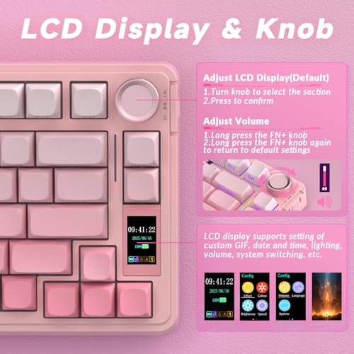 AULA S75 PRO Wireless Mechanical Keyboard with Screen&Knob, Tri-Mode Hot Swappable Gaming Keyboard 75%, Pre-lubed Switches, RGB Backlit, Side Printed PBT Keycaps, Creamy Sounding Pink Keyboards - color: Gradient Pink