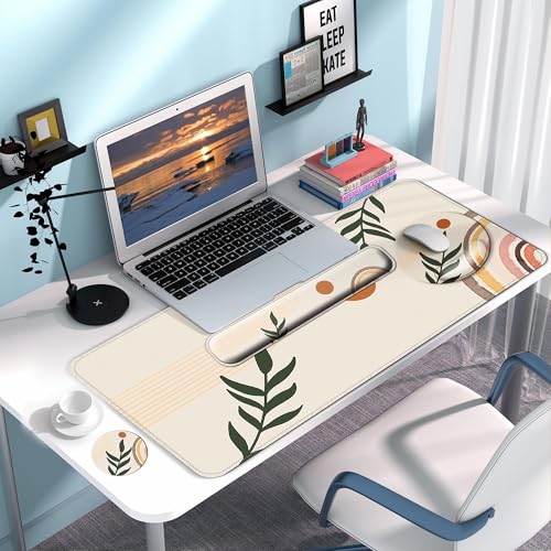 Desk Mat Set Keyboard and Mouse Pad with Wrist Rest Support | Ergonomic,Pain Relief, 4-in-1 Large Big Mousepad Computer Mats,Desk Pad Matt Mats for Desktop Home & Office - color: N_Bobo Leaves
