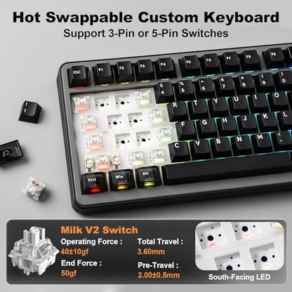 YUNZII B75 PRO MAX QMK/VIA Wireless Mechanical Keyboard | 75% Layout with Screen and Knob, Custom Hot Swap, Gasket, Creamy Switches, for Win/Mac (Black, Milk V2 Switch) - color: Black, size: Milk V2 Switch