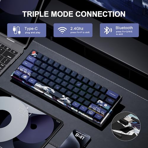 XVX 60% Gaming Keyboard, RGB 3-Modes Wireless Mechanical Keyboard, Mini 60 Percent Gamer Keyboard with Hot-Swappable Pre-lubed Linear Switch for Windows & Mac (Great Wave Off Kanagawa), M61 Pro - color: Black Kanagawa