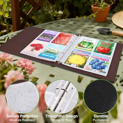 A4 3 Ring Binder Garden Seeds Storage Album with 30 Pcs 3.5x5” Seed Packet Sleeves, PU Leather Hardcover Organization Book for Seed Packet，Photo, Index Card，240 Top Loading Pockets Capacity - color: Black Seed Album