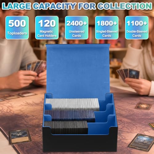 Trading Card Storage Box, Holds 1800 Sleeved Card, PU Magnetic Closure | 200 Toploaders and 600 Penny Sleeves INCLUDED, 10 Dividers and 6 Foam Stoppers INCLUDED, Fit for MTG, TCG and Sports Cards - color: Black and Blue