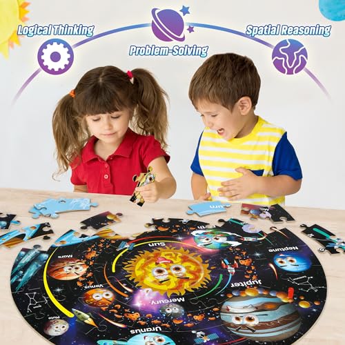 SYNARRY Solar System Floor Puzzles for Kids Ages 4-8, Large 70 Piece Jigsaw Puzzles for Kids Ages 4-6, Space Planet Astronaut Toys Puzzles, Preschool Learning Toys, Easter Basket Stuffers for Boy Girl - style: Solar System