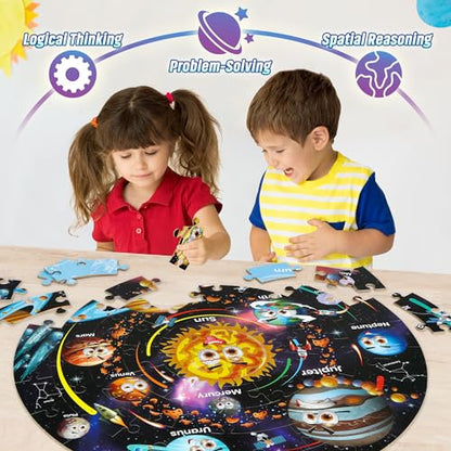SYNARRY Solar System Floor Puzzles for Kids Ages 4-8, Large 70 Piece Jigsaw Puzzles for Kids Ages 4-6, Space Planet Astronaut Toys Puzzles, Preschool Learning Toys, Easter Basket Stuffers for Boy Girl - style: Solar System