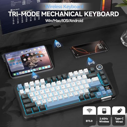 SOLAKAKA A75 PRO Black Gaming Keyboard 75% Wireless Mechanical with Screen and Knob, RGB Backlit Hot Swappable Gasket Pre-lubed PBT Keycaps for PC/Mac/Win - color: BlackBluewhite