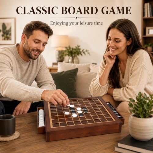 Wooden Reversi Board Game, with Storage Drawers, 12.6in Othell Classic Strategy Board Game with 64 Reversi Chess Pieces for 2 Players, Chessboard Made of Wood & Acrylic Materials