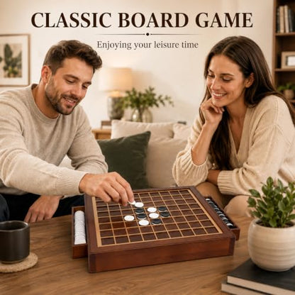 Wooden Reversi Board Game, with Storage Drawers, 12.6in Othell Classic Strategy Board Game with 64 Reversi Chess Pieces for 2 Players, Chessboard Made of Wood & Acrylic Materials