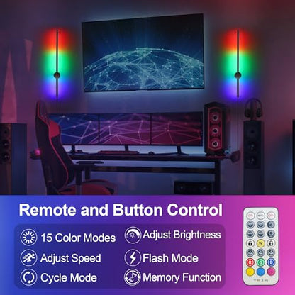 RGB LED Wall Sconces Set of Two with Remote, 15 Color Modes, Dimming, DIY 180° Rotate, Black Plug in Wall Sconces with Warm Light, Dynamic Multicolor Ambience Lights, Plug in Wall Light, 23.6 Inches