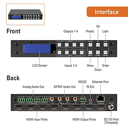 J-Tech Digital 4x4 HDMI Matrix Switch 4K 60Hz HDMI 2.0, Compatible with HDR Dolby Vision Audio Extraction Web GUI APP Control [JTECH-4KM44A] - size: 4K60 4x4 HDMI Matrix