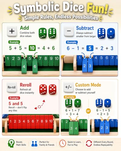 Upgraded 8.7-inch Shut the Box Game, Easy Quick and Fun Educational Math Game with 2 Symbolic Dice, 1-4 Players Wooden Board Games for Family Night Classroom Party, Tabletop Games for Kid Adult Senior - size: 8.7Inch