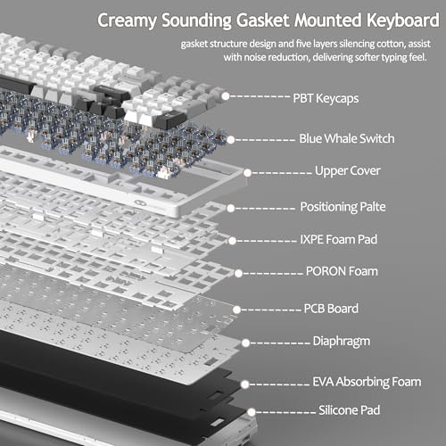 MageGee LIGHT100 Wireless Creamy Keyboard, Gasket Structure Hot Swappable, Tri-Mode 2.4G/USB-C/BT5.0 RGB Backlit Mechanical Gaming Keyboard for Win/Mac/PC, PBT Keycap, 4000mAh Battery, Grey - color: Grey Black/Blue Whale Switch