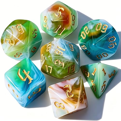 CiaraQ 7pcs Polyhedral Dice Set for Dungeon and Dragons MTG Table Games | Acrylic Role Playing Dice for D&D with Black Velvet Bag – Green/Blue/White/Yellow Swirl – Standard Size – Ages 14+ - color: Green, Blue, White & Yellow Swirl