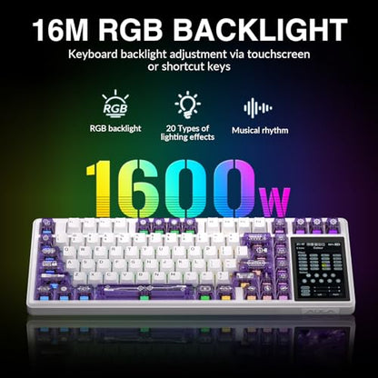 Aula L99 Wireless Mechanical Keyboard with Smart Touch Screen,Tri-Mode Hot Swappable Custom Gaming Keyboard,RGB Backlit,PBT Keycap,Gasket Mount Creamy Sounding Computer Keyboards for Office PC,84 Keys - color: White Purple
