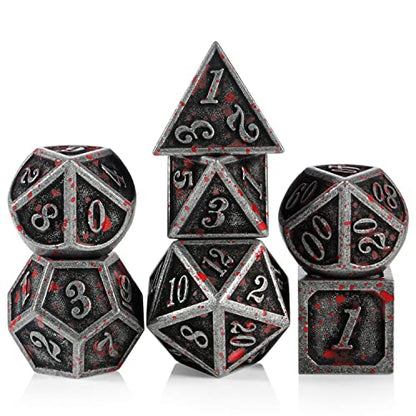 Acient Silver Bloodstained Metal Dice Set DND, DNDND 7PCS Metallic Halloween Die with Metal Case for Dungeons and Dragons Tabletop Games - color: Blood Iron