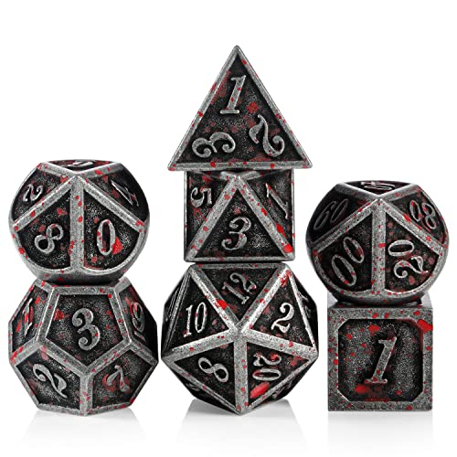 Acient Silver Bloodstained Metal Dice Set DND, DNDND 7PCS Metallic Halloween Die with Metal Case for Dungeons and Dragons Tabletop Games - color: Blood Iron