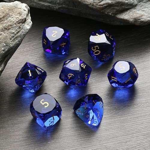 DNDND 7-Piece Glass Dice Set DND- Multifaceted Blue RPG Dice Set for D&D, Tabletop Gaming, Collectors | Premium Gift Box & Durable Design (Sapphire Blue) - color: Sapphire Blue
