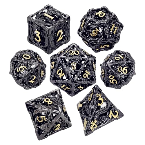 MoKo Dragon Hollow Metal DND Dice Set, Black+Gold | 7 Pcs Polyhedral, D20 D12 D10 D8 D6 D4, For Dungeons and Dragons RPG Games, With Gift Box - color: 4 - Black+gold