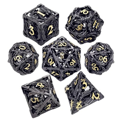 MoKo Dragon Hollow Metal DND Dice Set, Black+Gold | 7 Pcs Polyhedral, D20 D12 D10 D8 D6 D4, For Dungeons and Dragons RPG Games, With Gift Box - color: 4 - Black+gold