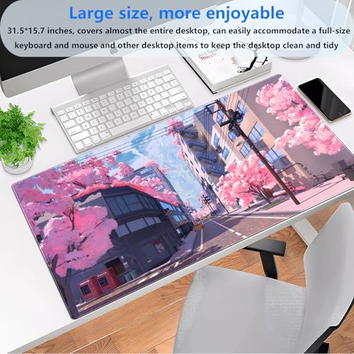 Pink Anime Sakura Desk Mat, Japanese Street Large Mouse Pad 31.5x15.7 in | Cozy anime cherry blossom desk pad with 3mm plush cushion, smooth fabric top, and non-slip rubber core. - color: Anime 02