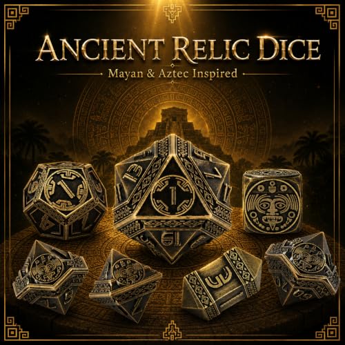 Tzolkin Metal DND Dice Set, 7-Piece Polyhedral Dice | Solid zinc alloy dice with heavy feel, Mayan Aztec calendar details, readable numbers, and temple collector box for RPG play - color: Ancient Bronze