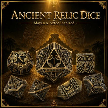 Tzolkin Metal DND Dice Set, 7-Piece Polyhedral Dice | Solid zinc alloy dice with heavy feel, Mayan Aztec calendar details, readable numbers, and temple collector box for RPG play - color: Ancient Bronze