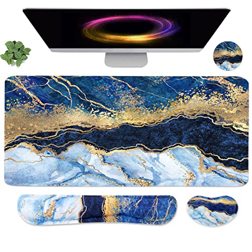 4-in-1 Large Gaming Mouse Pad, Keyboard Wrist Rest Pad & Wrist Support Mousepad Set, Extended Desk Pad Waterproof Desk Mat for Home Office Study Game - Blue Gold Marble - color: Blue Gold Marble